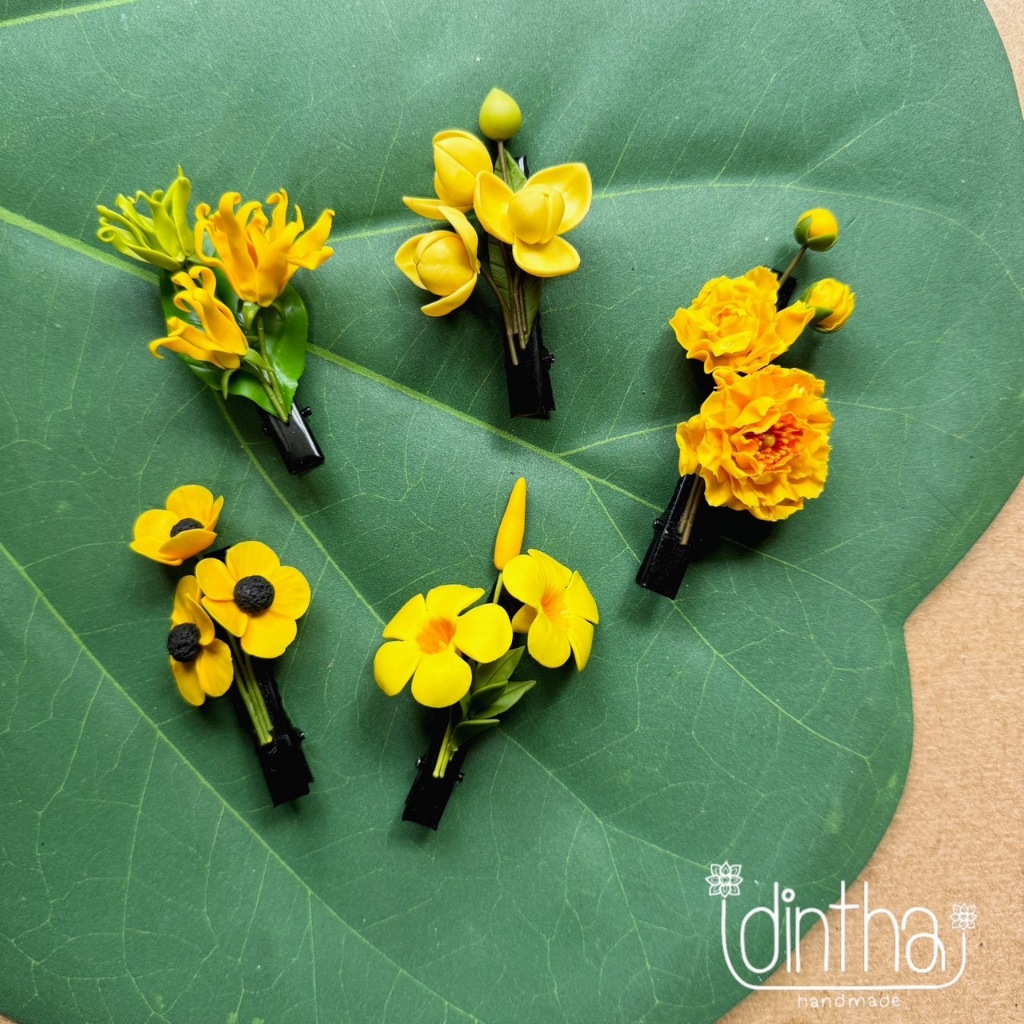 กิ๊บติดผมดอกไม้สีเหลือง งานดินปั้น แบรนด์ไอดินไทย idinthai flower hairclip