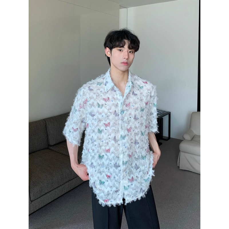 พร้อมส่ง เสื้อเชิ้ตแขนสั้น ลายผีเสื้อ ( C520 )