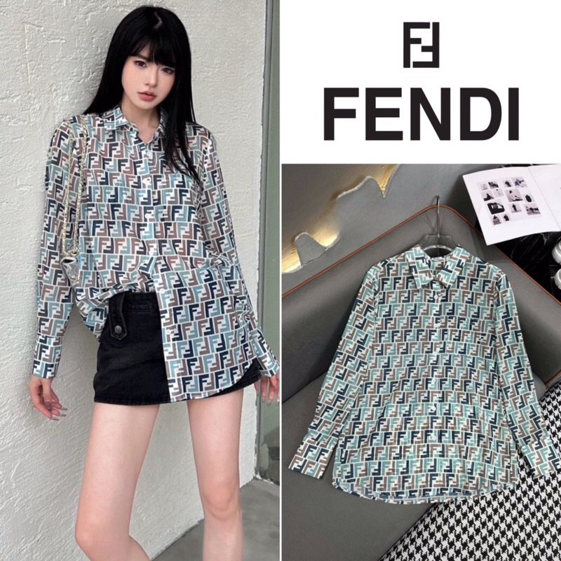 เสื้อเชิ้ตแขนยาว Fendi Shirt ผ้าซีทรูเล็กน้อย ลายโลโก้ FF ทั้งตัว