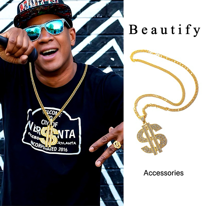 𝓑𝓮𝓪𝓾𝓽𝓲𝓯𝔂 สร้อยคอจี้รูปเงินดอลลาร์ประดับเพชรสไตล์ฮิปฮอปสำหรับตกแต่งลุคให้คอมพลีส