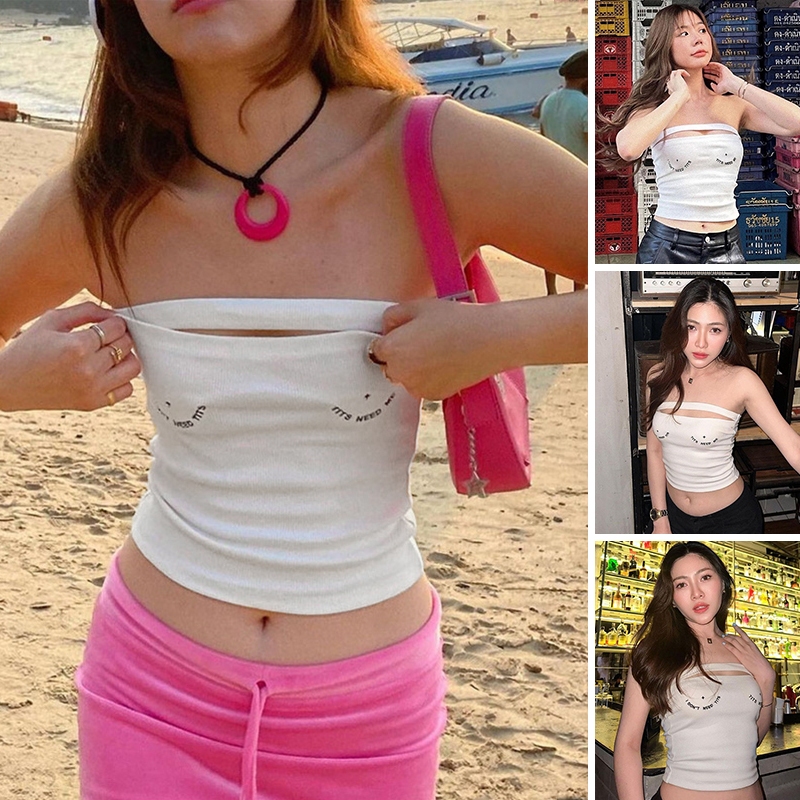 ผู้หญิงปิดสะดือท็อปส์ซู Slim Fit เรือคอแขนกุดปิดไหล่ตัวอักษรปักเปิดสะดือท็อปส์