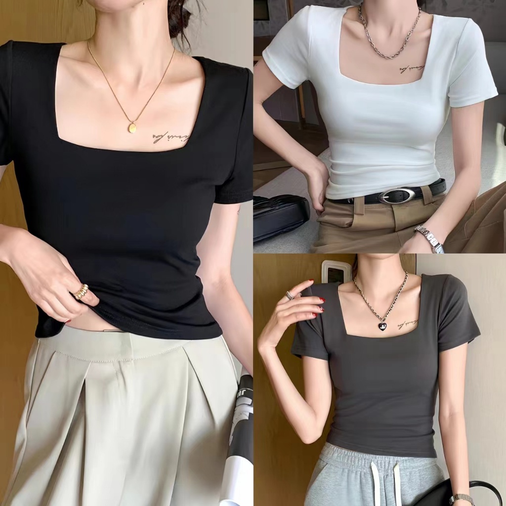 Beryl👚เสื้อยืด ใหม่เสื้อคอเหลี่ยมกระชับสัดส่วนสีทึบสั้นสำหรับผู้หญิง