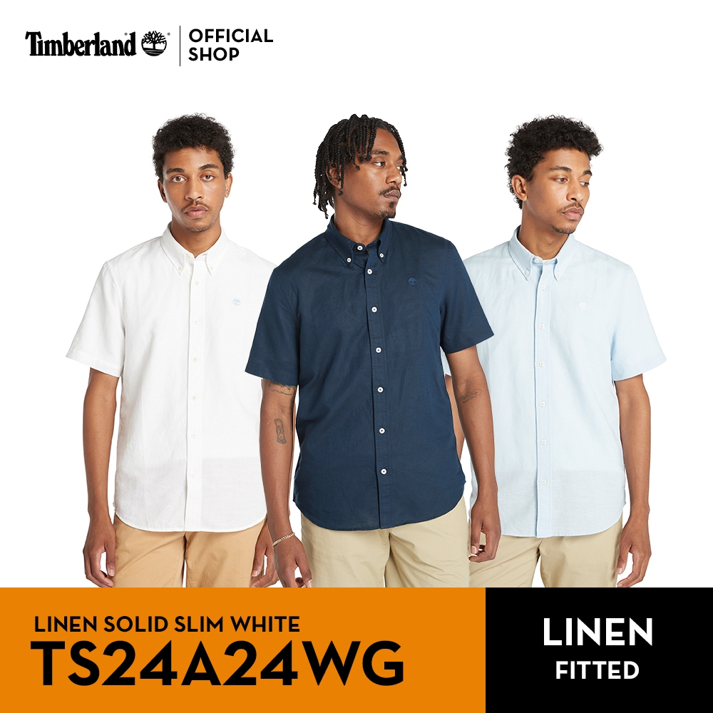 Timberland Men’s Linen Solid Slim WHITE เสื้อเชิ้ตผู้ชาย (TS24A24WG)