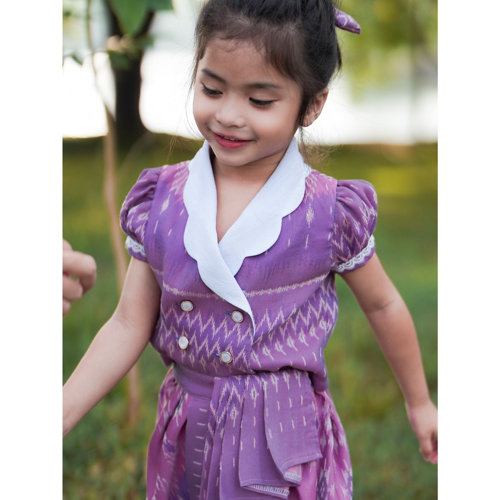 ZirinS ชุดไทยโจงกระเบนเด็กผู้หญิง มุกดา สีม่วงชมพู ผ้าฝ้ายทอ ฝ้ายคราม Size 120 130