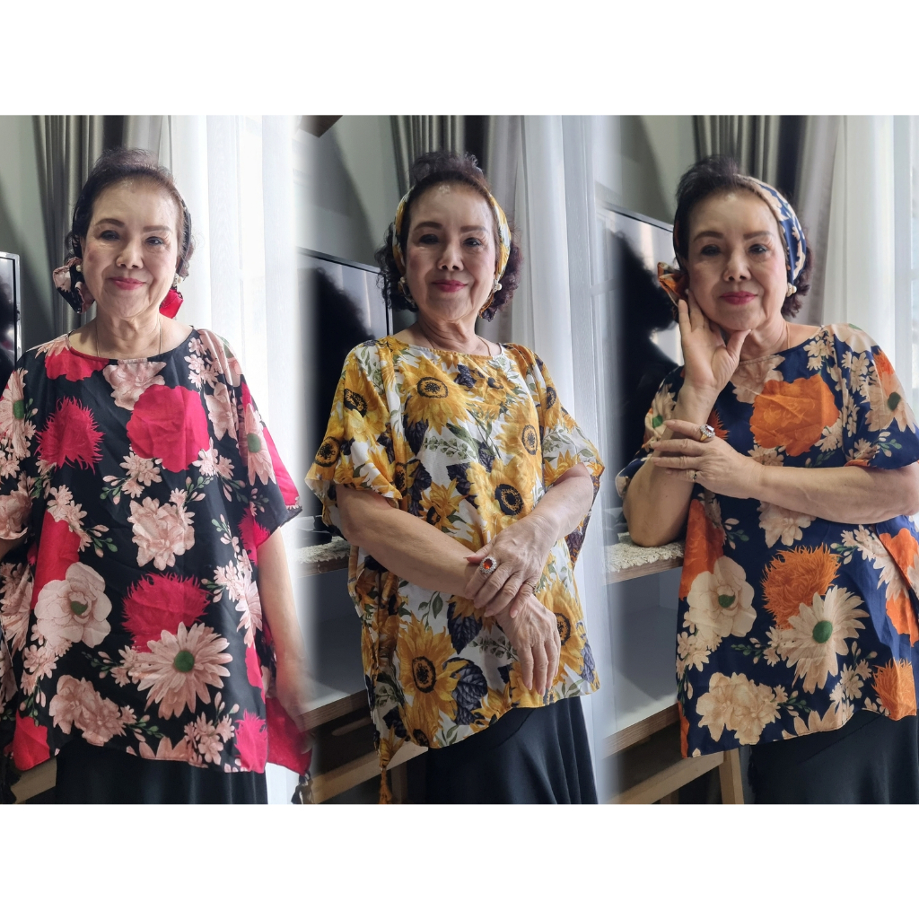 ลายใหม่ๆ (แถมฟรีผ้าโพกหัวทุกลาย) รหัสสินค้า PS19-28 เสื้อผ้าผู้ใหญ่ เสื้อคนแก่ สาวอวบใส่ได้ อกถึง 56" ทรงปีกค้างคาว
