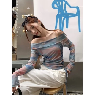 Cicishop(J1000)เสื้อแขนยาวปาดไหล่ผ้าซีทรู ดีเทลรูดข้าง สีสันสดใส