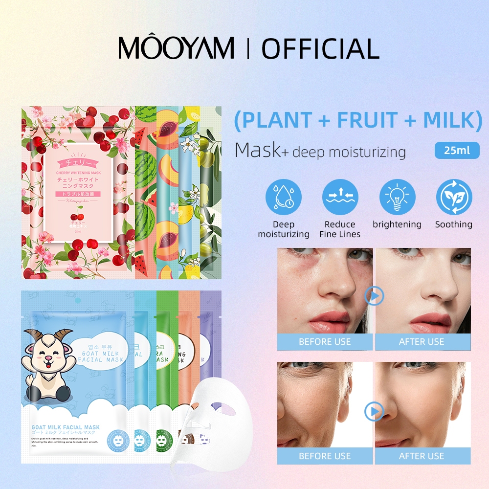 MOOYAM 【10pcs】ธรรมชาติอินทรีย์พืชผลไม้มาร์คหน้า ลดรอยแดง ไวท์เทนนิ่ง Moisturizing Face Mask