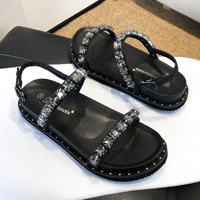 Size33-44 รองเท้ารัดส้นแต่งคริสตัลหรูหราhandmade ส้นต่ำ 3 cm. พื้นนิ่มใส่สบาย ตรงปกตรงไซส์