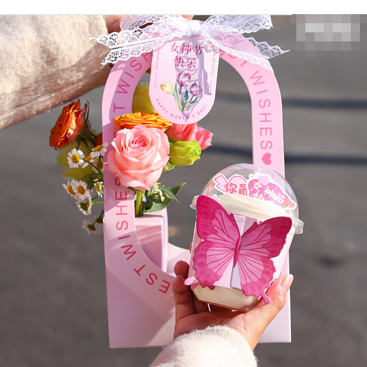 BH กระเช้าแบบกล่องกระดาษ มีหูหิ้ว diy กระดาษหนา สีชมพู ม่วง สำหรับงานแฮนด์เมด ใส่ดอกไม้ ถ้วยขนม แก้วน้ำ พร้อมส่ง