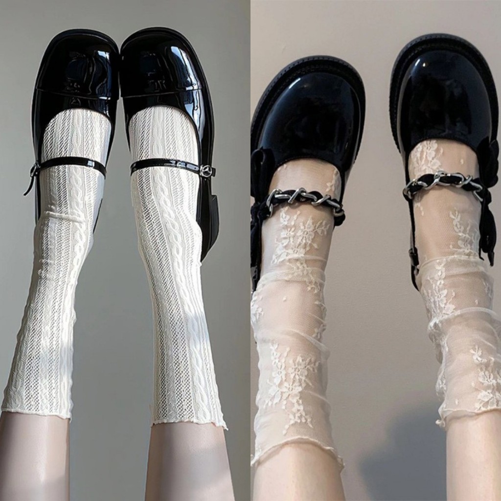 ถุงเท้าผู้หญิง JK จากญี่ปุ่น ถุงเท้าลูกไม้สีทึบ สไตล์โลลิต้าหวานๆ บางและระบายอากาศได้ดี