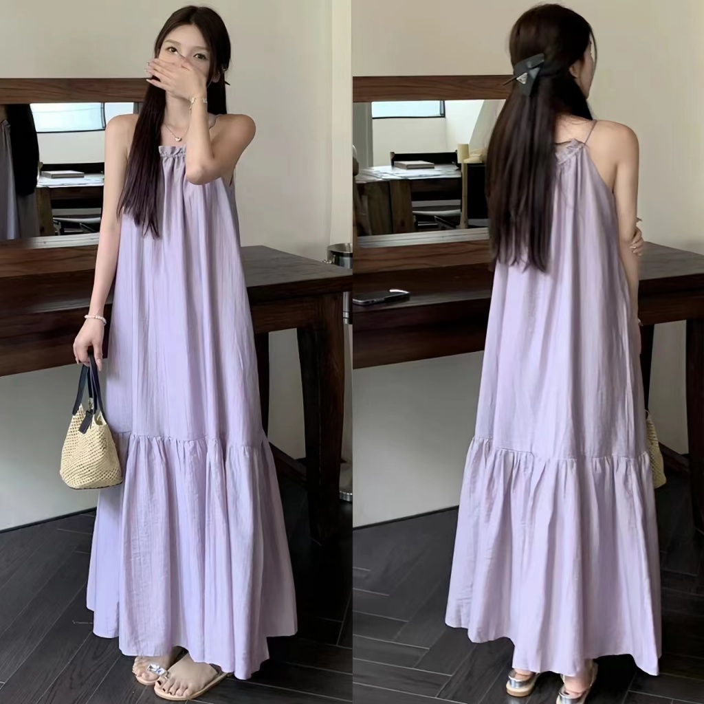 Beryl👗กระโปรง🔵🔵ชุดเดรสแขนกุดอัดพลีทสีม่วงสไตล์เกาหลีสำหรับผู้หญิง