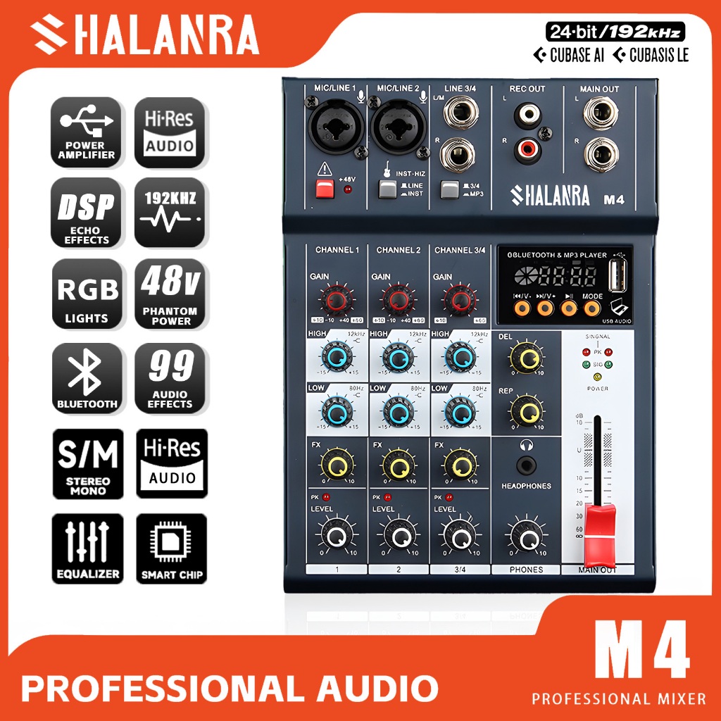 SHALANRA มิกเซอร์ M4 มีพลัง Phantom Power/USB/MPS/บลูทูธ 48V ในตัว ซึ่งสะดวกสำหรับการร้องเพลงและการฟังบนเวที