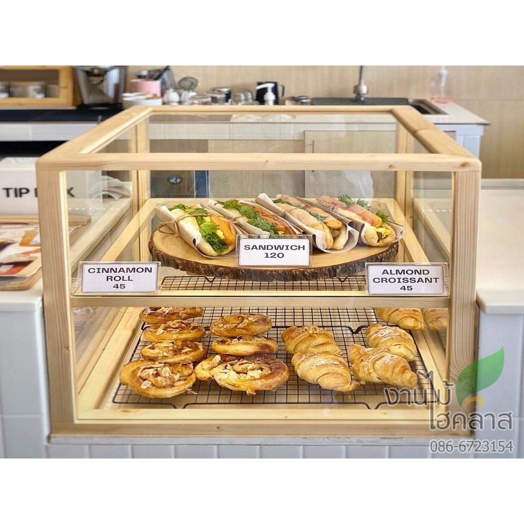 ตู้เบเกอรี่​ ทรงสีเหลี่ยม Size M ตู้​โชว์​ใส่อาหาร ตู้กระจก ​​ขายขนม ทรงมินิมอล ไม้สน เลือกสีไม้ได้