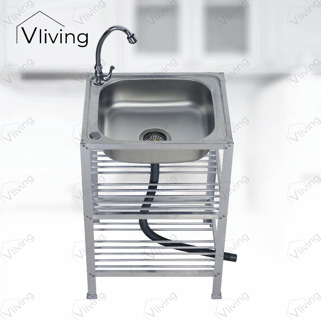 Vliving ซิ้งค์ล้างจาน อ่างล้างจาน สแตนเลส 3 ชั้น เล็ก โครงอลูมิเนียม (50x40cm.)