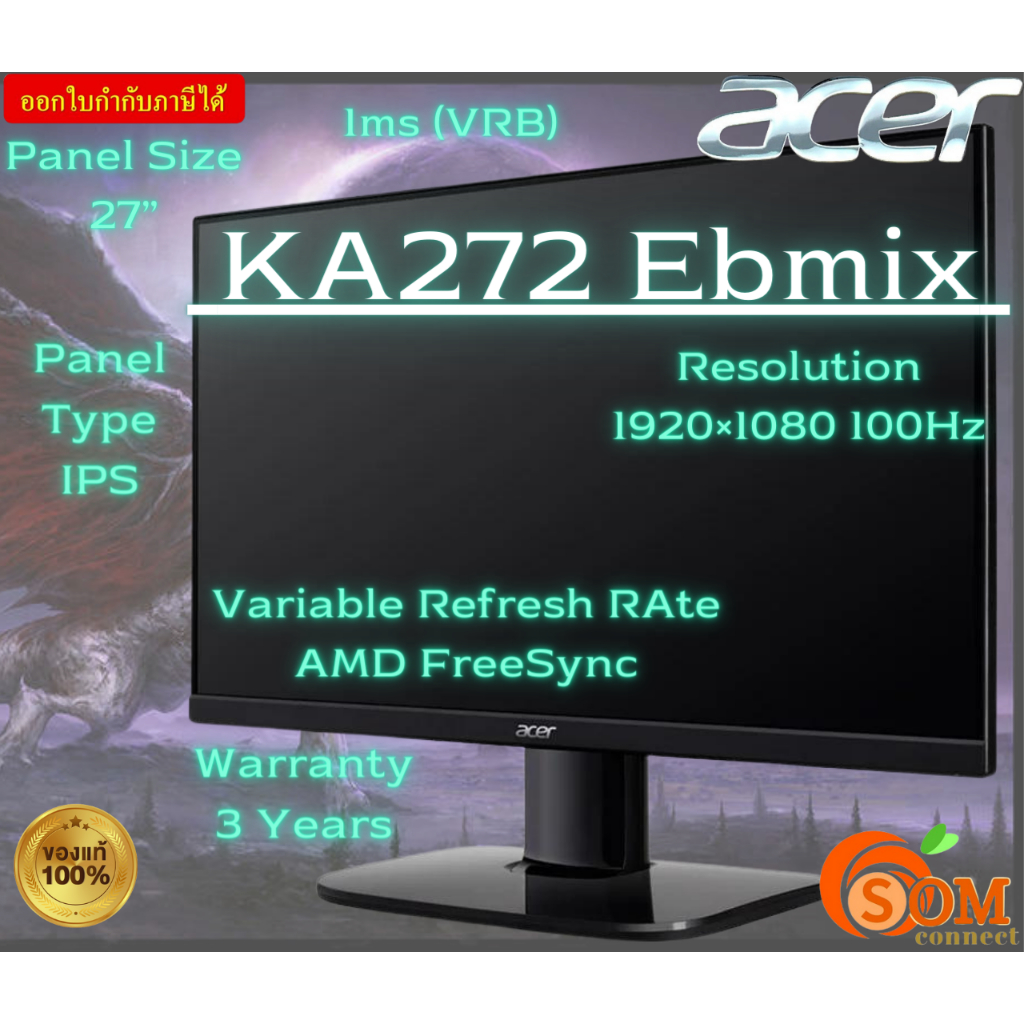 Monitor (จอมอนิเตอร์) ACER KA272Ebmix 27″ IPS FHD 100Hz FREESYNC -3Y
