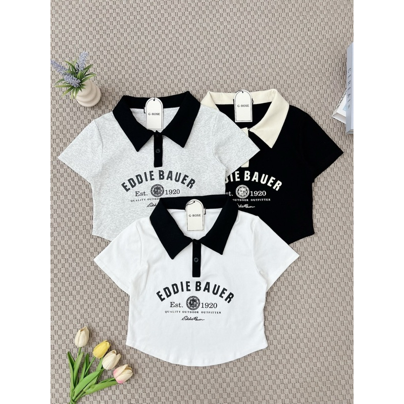 G-Rose เสื้อครอปคอปก สกรีนลาย แต่งปกสีตัดตัวเสื้อ