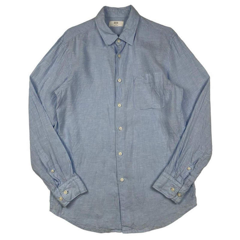 UNIQLO เสื้อเชิ้ตแขนยาว Light Blue Spred collar Slim Fit  Linen Blend Shirt