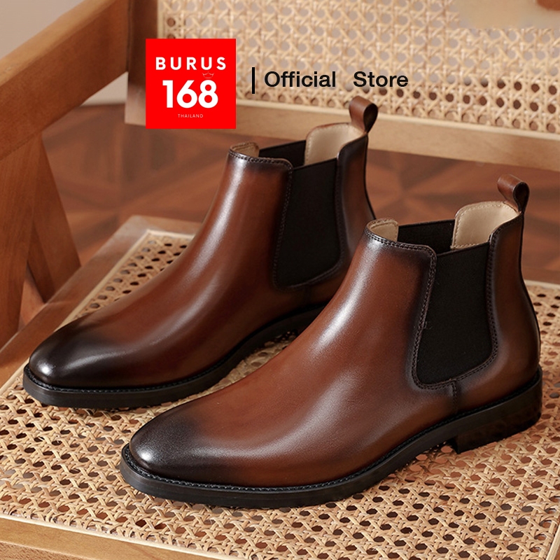 รุ่น Chelsea Boots (เย็บพื้นทุกคู่) 6008-1 - รองเท้าบูทเชลซีหนังแท้ ทรงสั้น (Size 38-45)