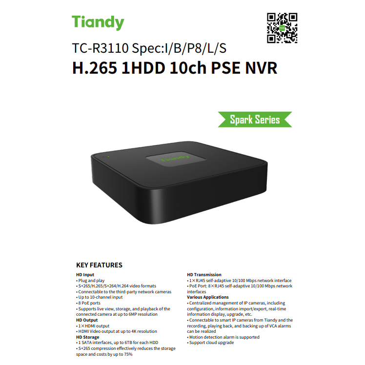 [ประกัน 3ปี] Taindy TC-R3110 I/B/P8/L/S H.265 1HDD 10ch PSE NVR เครื่องบันทึก 10ช่อง - HITECHubon