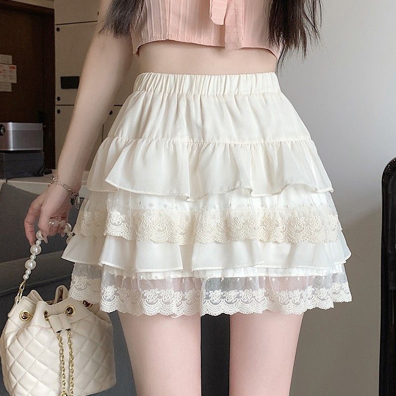 อารมณ์สง่างามกระโปรงเค้กลูกไม้เอวสูงกระโปรงปุยสาวเผ็ดกระโปรงสั้น