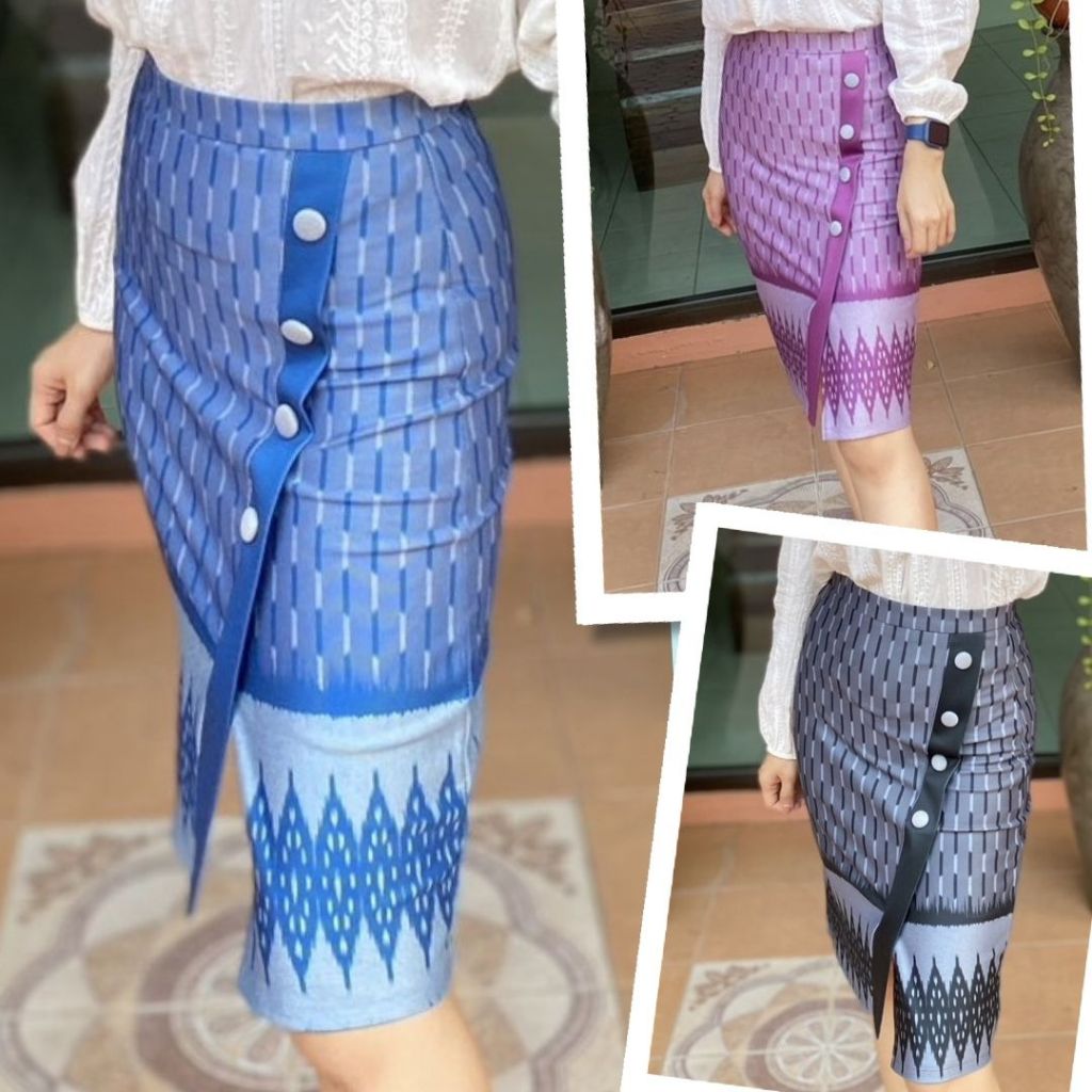 Moochompoo *พร้อมส่ง* I73 กระโปรงลายไทย ผ้าญี่ปุ่น ผ่าหน้า แต่งกระดุม ยาว 22.5 นิ้ว ไซส์ S-5XL ผ้ายืด ไม่ต้องรีด – โปรปัง