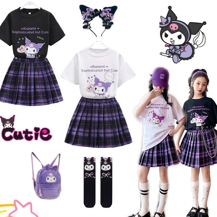 ชุดคอสเพลย์ เสื้อยืด แขนสั้น กระโปรง ลาย Sanrio Kuromi JK สีขาว สีดํา สีม่วง สําหรับเด็ก