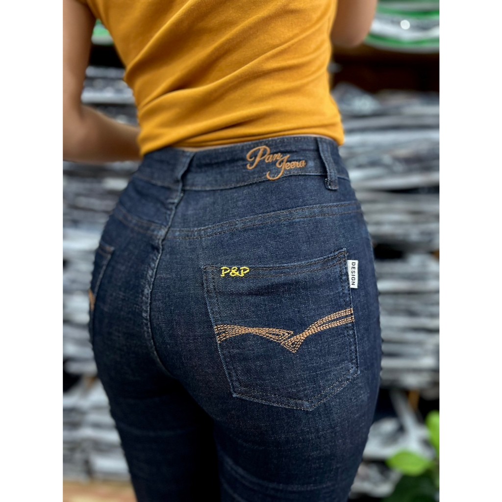 P923กางเกงยีนส์ปลายขาตรงผ้าสลาฟสีกรมรุ่น PP