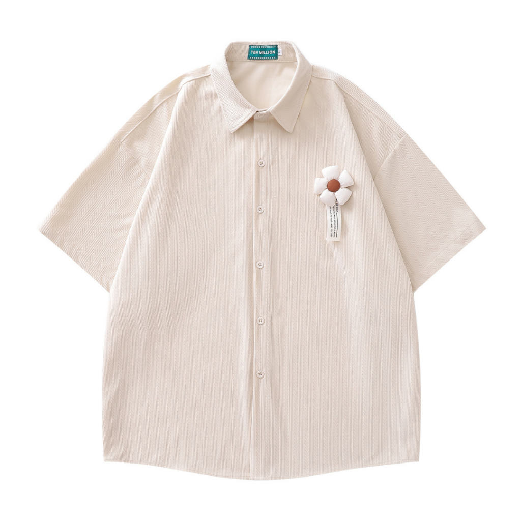 เสื้อเชิ้ตมินิมอลพร้อมเข็มกลัดดอกไม้ Premium Korea Cute Flower Shirt Style