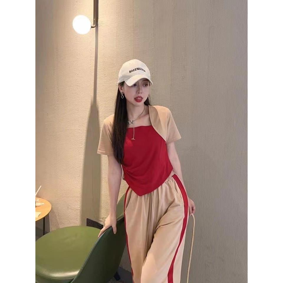 S197-ชุดเซ็ท2ชิ้น สีพื้นทูโทน ย่นข้างคอเหลี่ยม กางเกงแต่งแถบมีกระเป๋าข้าง