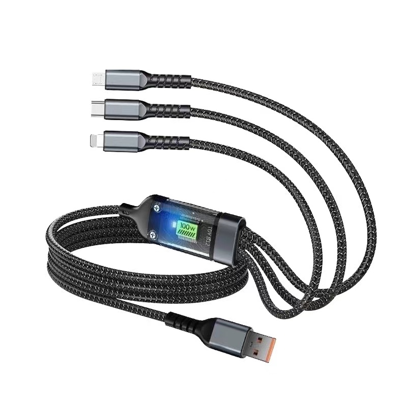 3in1 PD 100W สายชาร์จเร็ว สายถักไนล่อน พร้อมไฟ LED 6A USB Cable ชาร์จเร็ว สำหรับ Micro/Type-C/lOS รุ่นS224