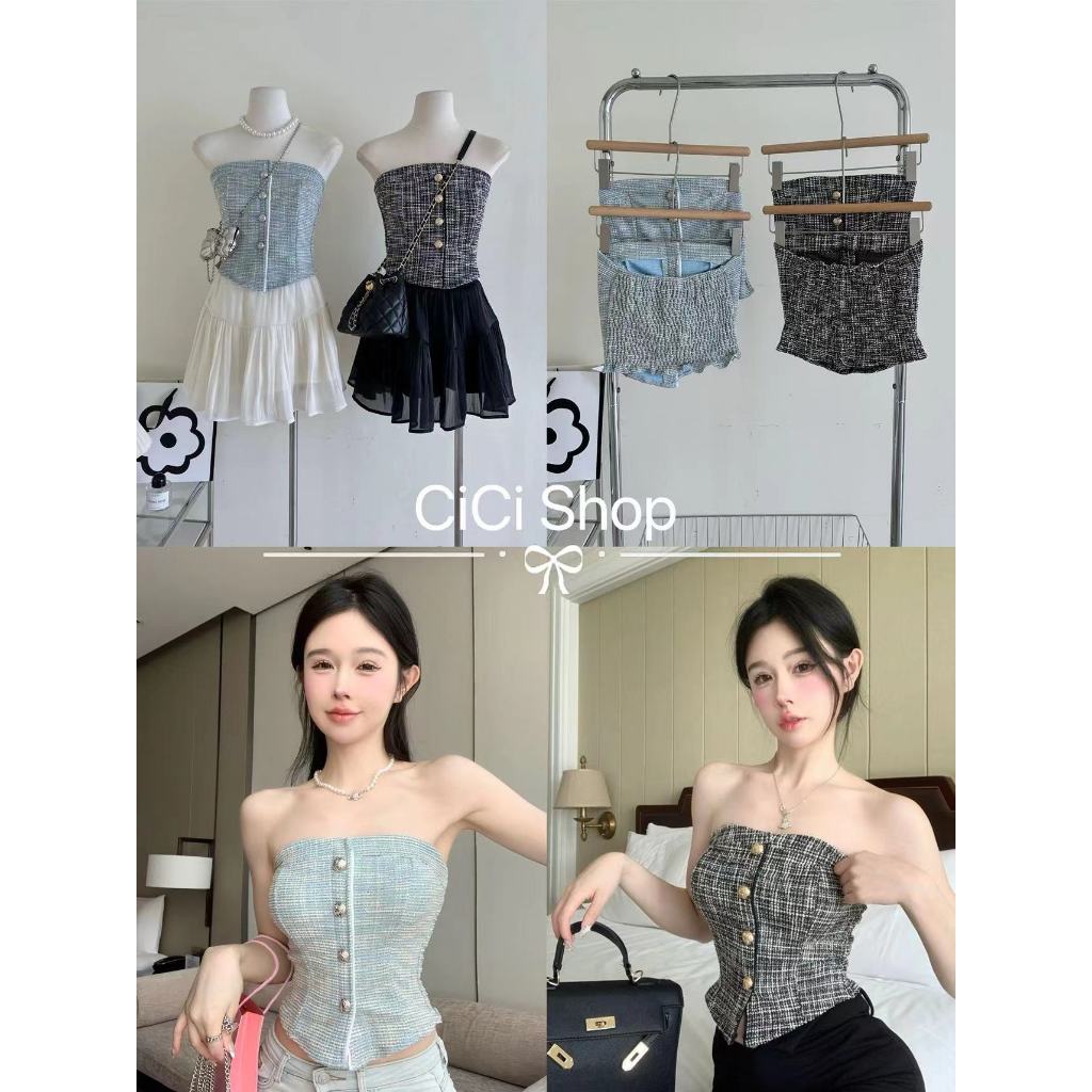 Cicishop(J981)เกาะอก ผ้าชาแนล กระดุมทอง สวยหรู สไตล์คุณหนูหวานเซ็กซี่Cicishop(J981)เกาะอก ผ้าชาแนล กระดุมทอง สวยหรู สไตล