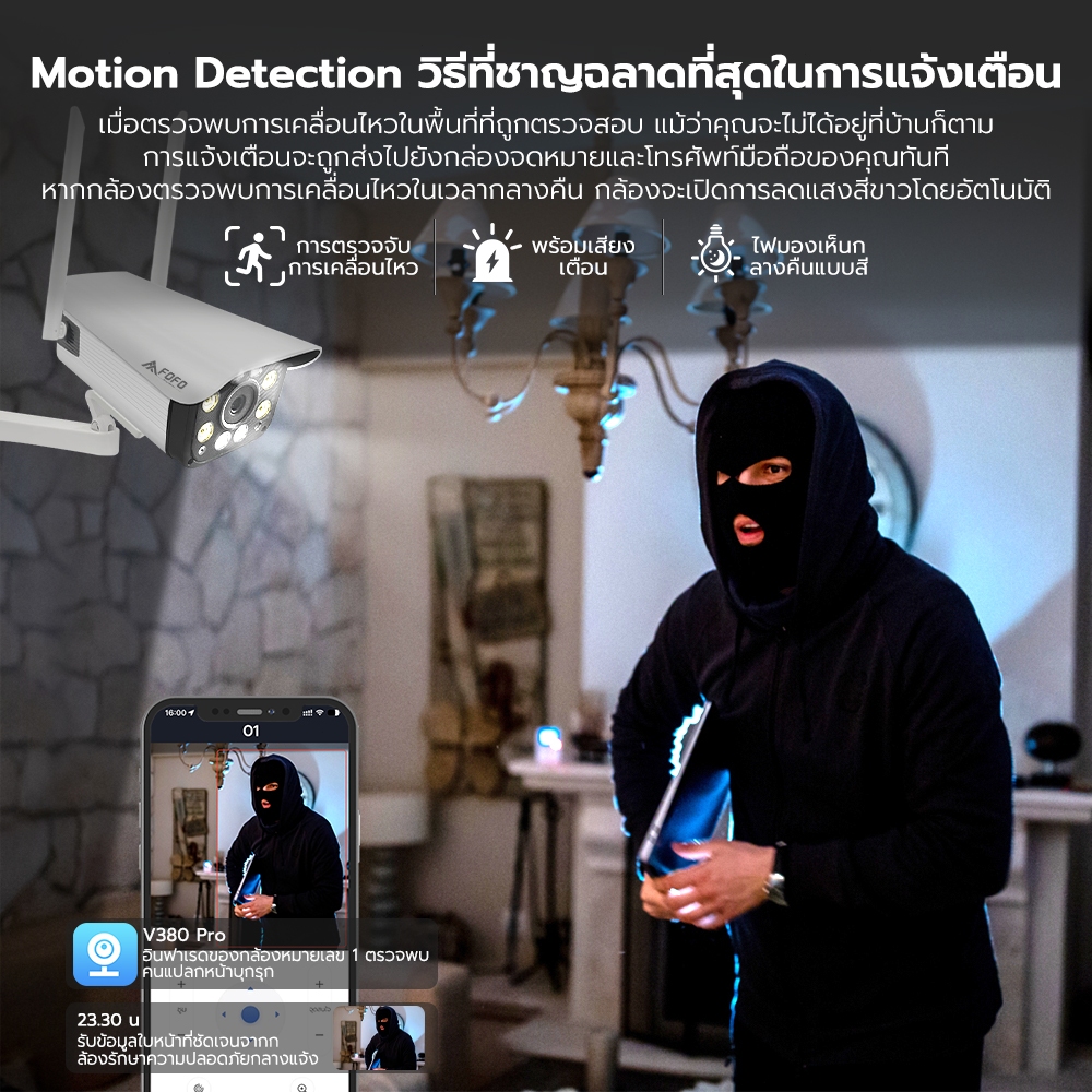กล้องวงจรปิด ไร้สาย 8.0 ล้านพิกเซล WiFi IP Camera กันน้ำกลางแจ้ง IR + White Lamp สีเต็ม คืนวิสัยทัศน์