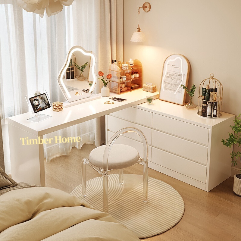 Timber Home โต๊ะแต่งหน้า โต๊ะเครื่องแป้ง โต๊ะลิ้นชัก โต๊ะสีขาว ความจุขนาดใหญ่ สามารถปรับได้อย่างอิสระ ระดับไฮเอนด์