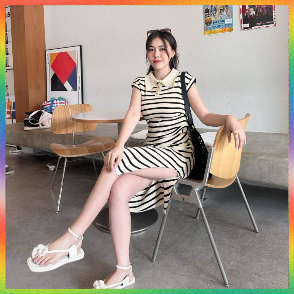 🌈MesubShop🌈เดรสทรงถ่วง สไตล์เกาหลีเรียบหรูดูแพง 🍒 ผ้าไหมพรมยืดเยอะ ทรงคอปกโปโล ทอลายสลับสี รุ่น เจ้านาย
