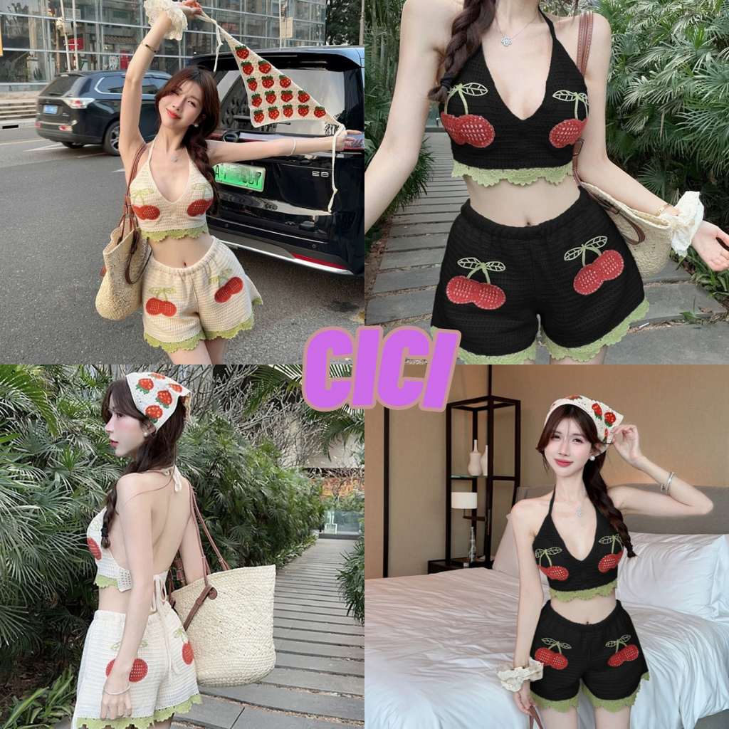 Cici(No.TZ503)set 2 ชิ้น ถักไหมพรม เสื้อ+กางเกงขาสั้น ตกแต่งเชอร์รี่ ดีเทลระบายหยัก ใส่สบาย ระบายอากาศดี