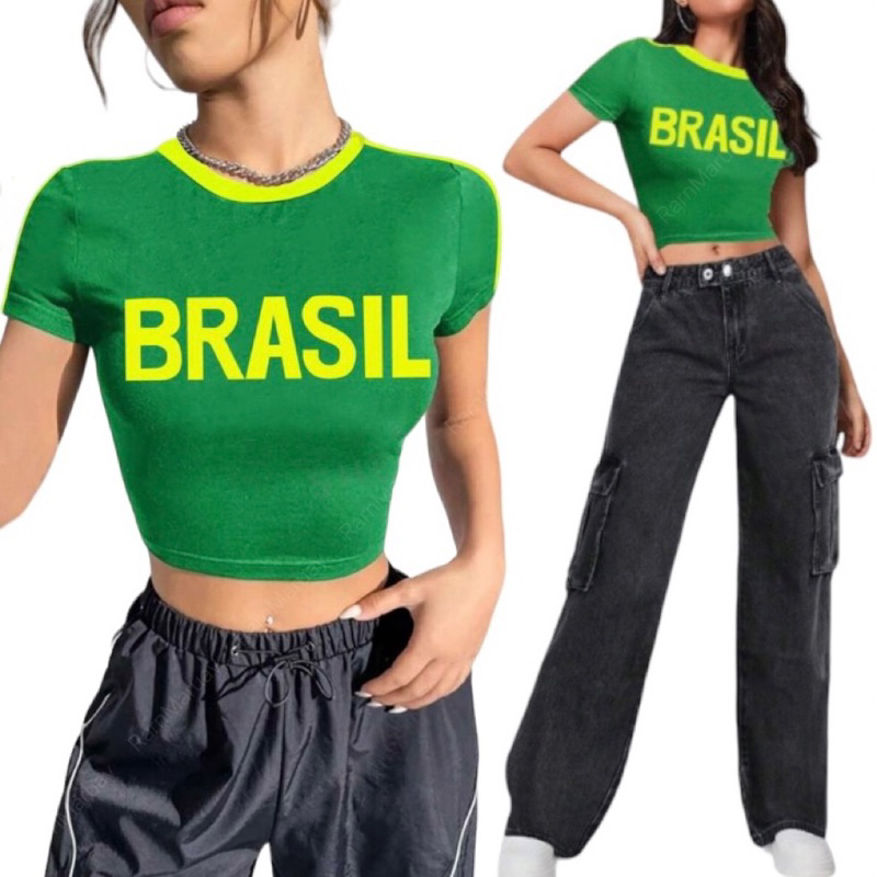 (พร้อมส่ง) เสื้อยืดเข้ารูป พิมพ์ลาย BRASIL (สีเขียว)  R1123