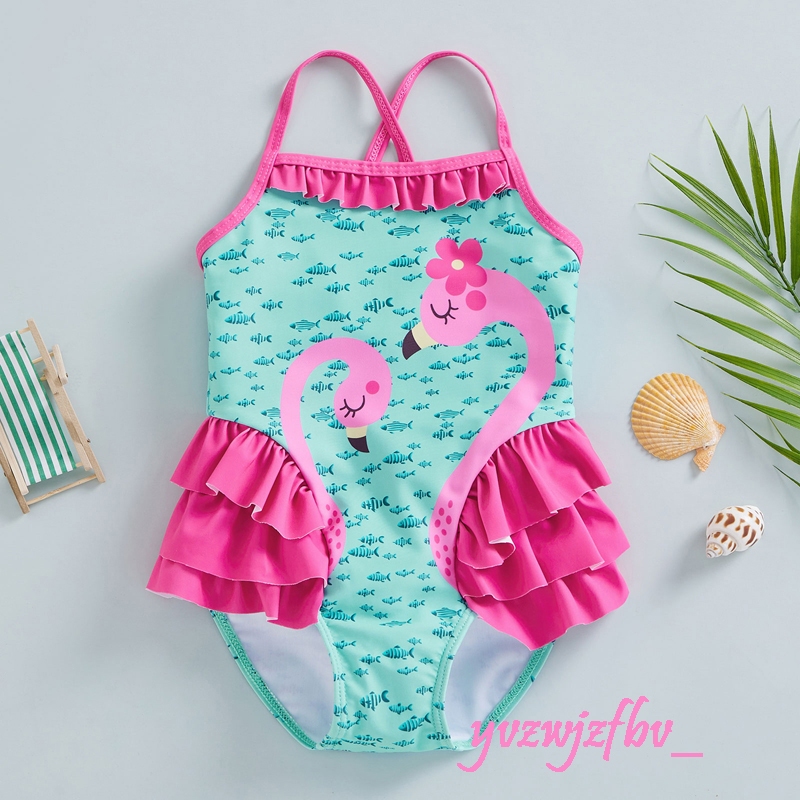 {COD&LOCAL} ชุดว่ายน้ําแขนกุด พิมพ์ลายฟลามิงโก้ ปลาน้อย แต่งระบาย แฟชั่นฤดูร้อน สําหรับเด็กผู้หญิง