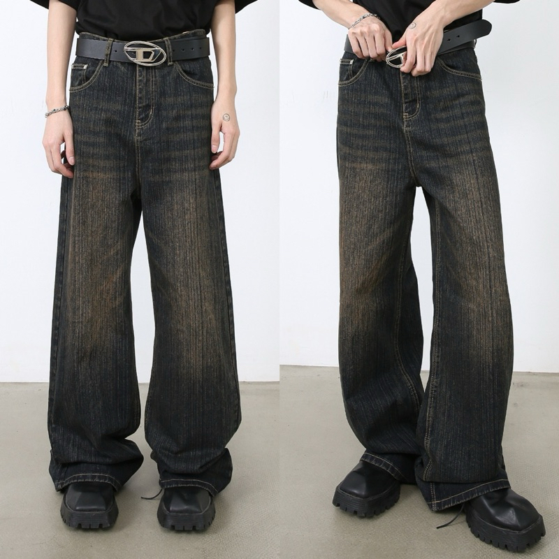 HAIRY JEANS กางเกงยีนส์เอวสูงทรงกระบอกใหญ่ เหมาะคนสูง175ขึ้นไป
