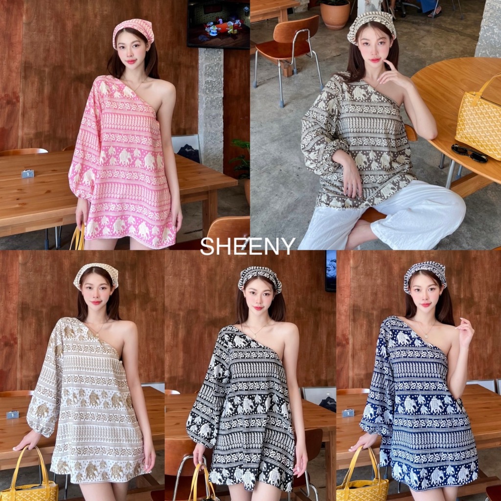 Jasmine minidress - 5 สี เสื้อแขนเฉียง ปาดไหล่ ลายช้าง(รวงข้าว) งานไปทะเลน่ารักๆ ป้าย Sheeny.