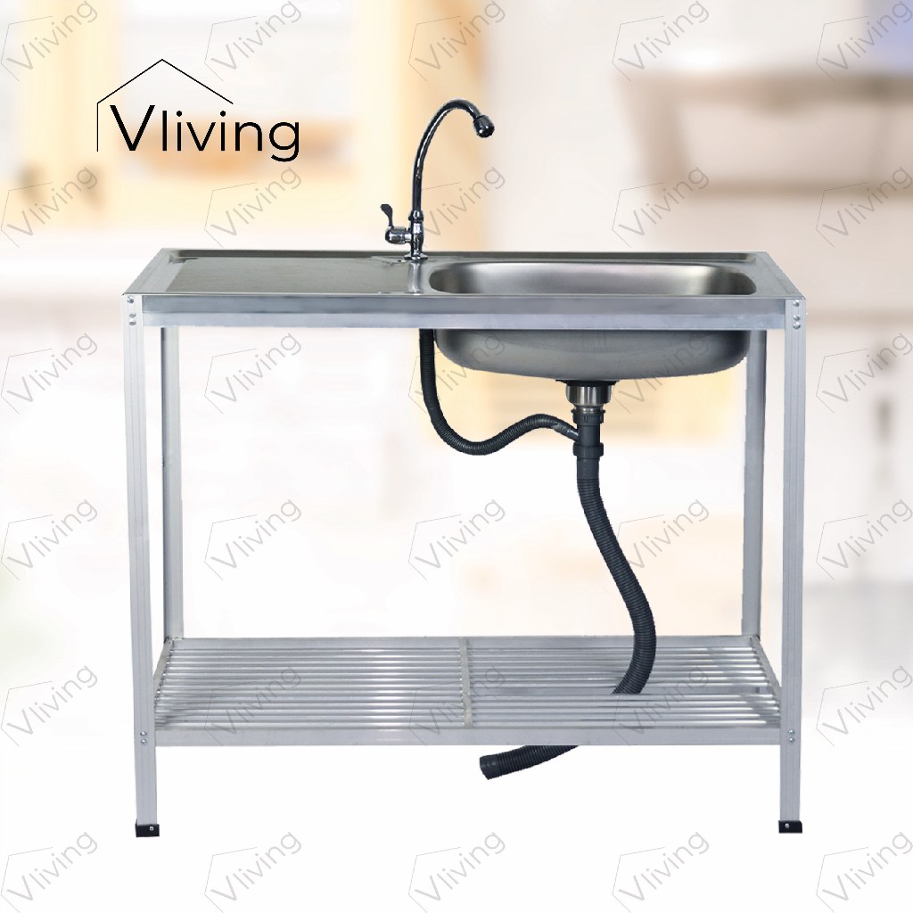 Vliving ซิ้งค์ล้างจาน อ่างล้างจาน สแตนเลส 2 ชั้น มีก๊อก 100cm สะดือตะกร้าใหญ่