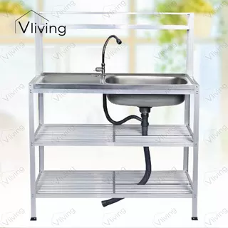 Vliving ซิ้งค์ล้างจาน อ่างล้างจาน สแตนเลส 3 ชั้น มีบน มีก๊อก 100cm สะดือตะกร้าใหญ่