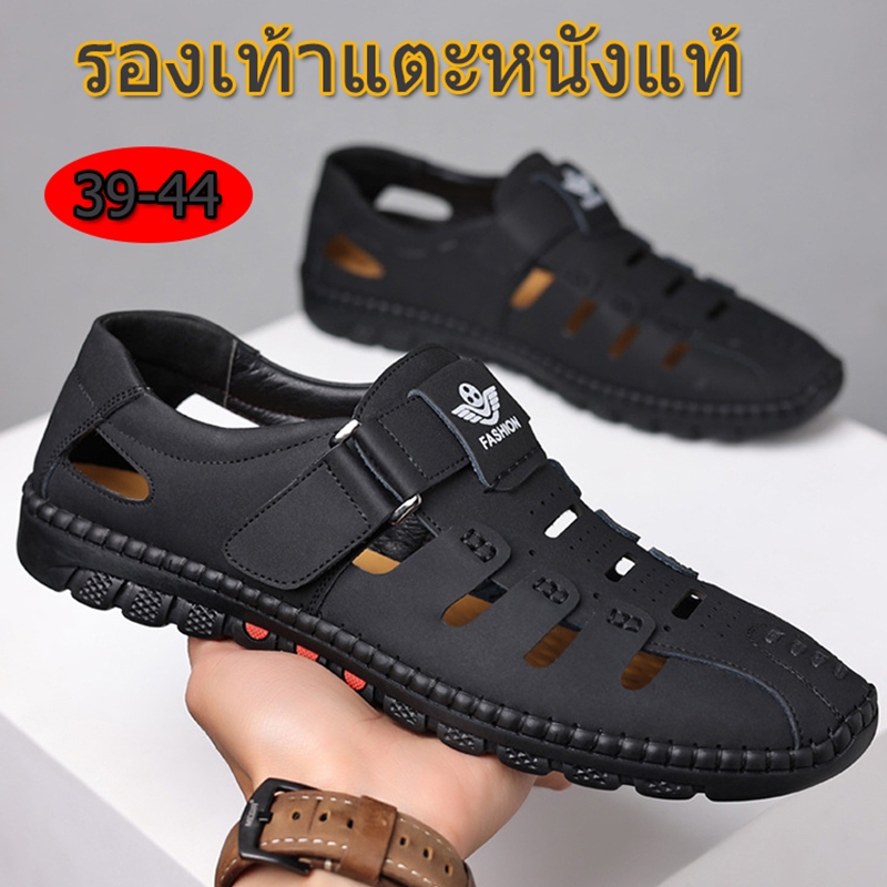 รองเท้าชายหาด หนังวัวแท้ รองเท้าแบน รองเท้าแตะรัดส้น