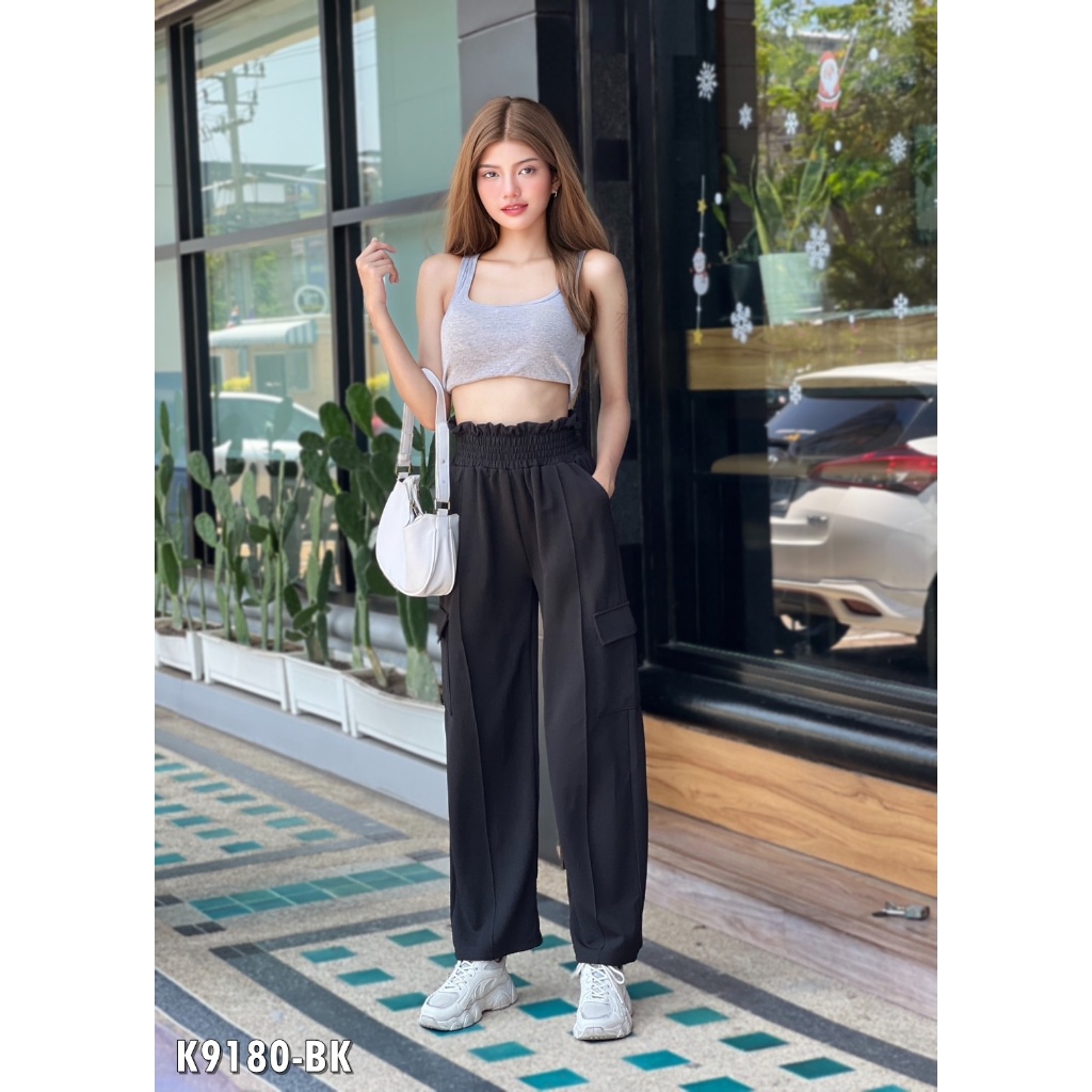 กางเกงเอวสูงตีเกร็ตหน้ากระเป๋าแปะข้าง ขายาวเอวสูงปี๊ดเก็บพุง ผ้านุ่ม สไตล์เกาหลี กระชับและมีสไตล์ สบายๆ พร้อมส่ง K9180