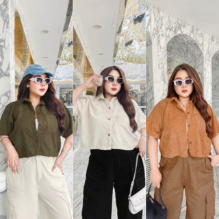 เสื้อเชิ้ตน่ารักๆทรงครอป ผ้าลูกฟูก สไตล์วินเทจ ไซส์ใหญ่ LC