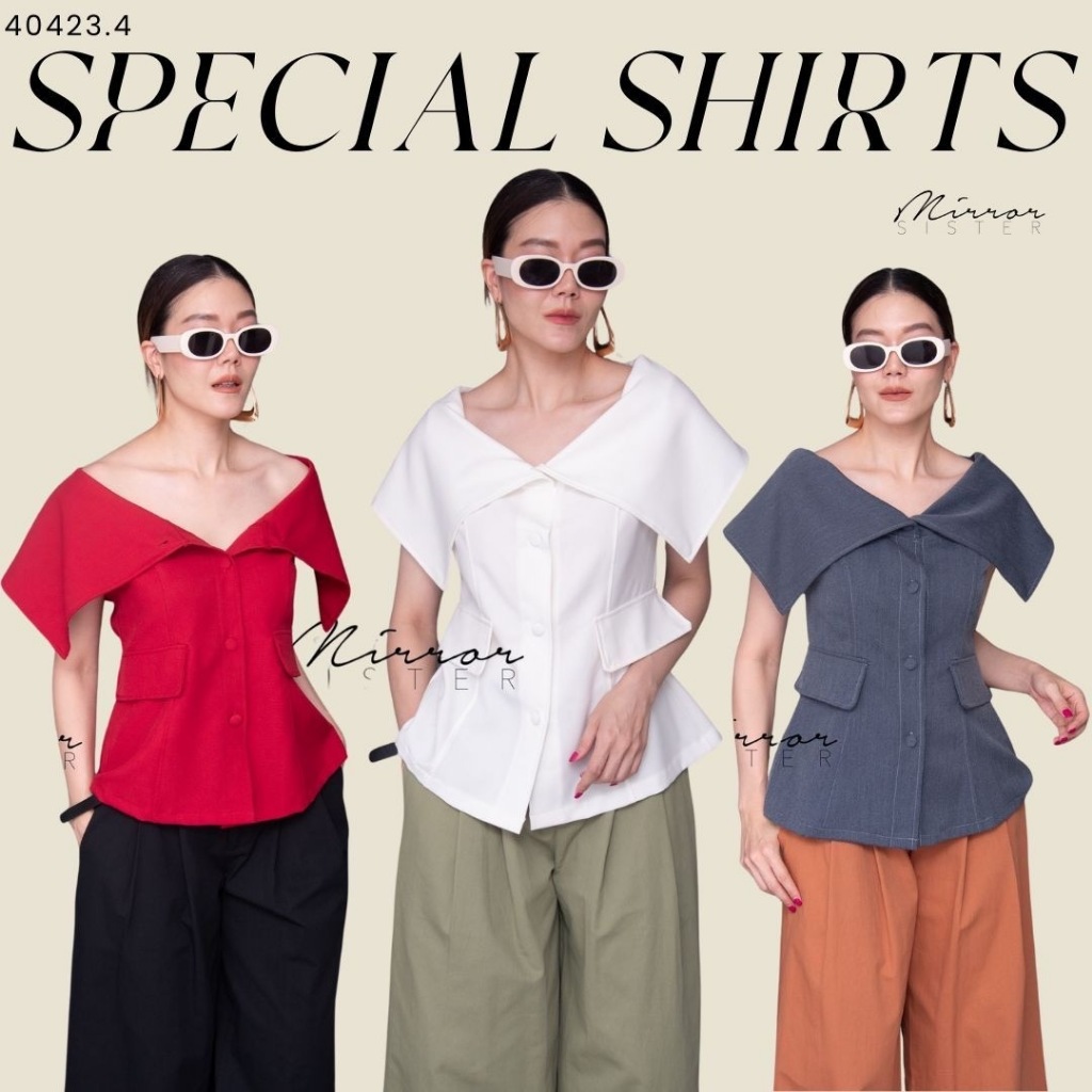 Mirrorsister 40423.4 เสื้อทรงสวย แต่งปีกปาดคอวีสวยทั้งด้านหน้าและด้านหลัง กระเป๋าฝาปิดหลอกด้านหน้าเก๋ๆ ใส่สบาย