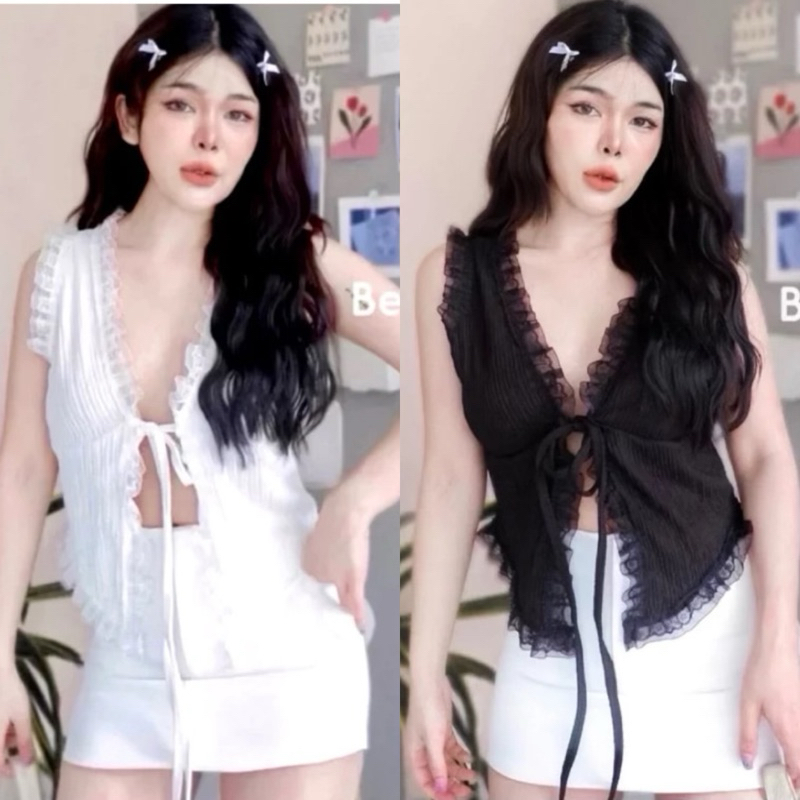 aimorn_shop เสื้อสายเดี่ยว แต่งขอบลูกไม้ ดีเทลผูกโบว์ แมทช์ใส่กระโปรงได้น่ารักมากก