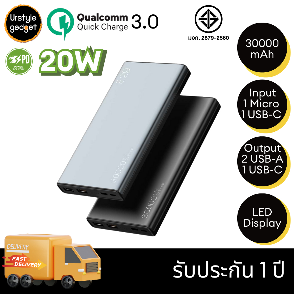 Eloop E29 Quick Charge แบตสำรอง พาวเวอร์แบงค์ PowerBank 30000mAh รองรับ QC3.0 & PD