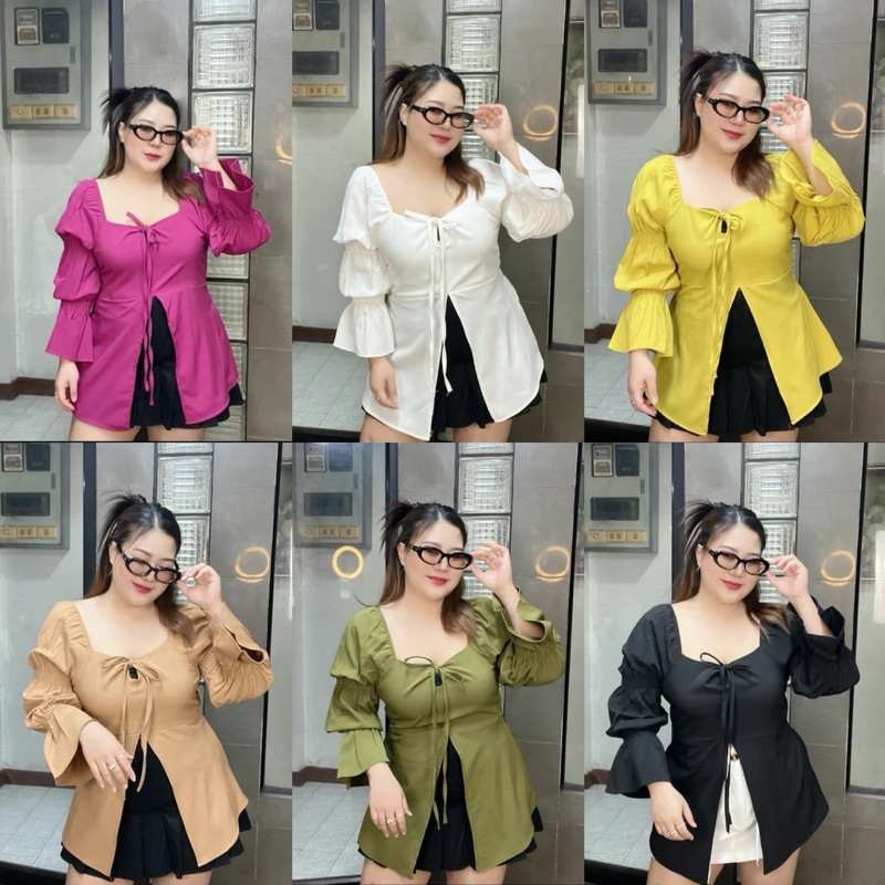 เสื้อสาวอวบ ทรงญาญ่า แขนเจ้าหญิงน่ารัก อก36-46 มัดได้2แบบ (A43)