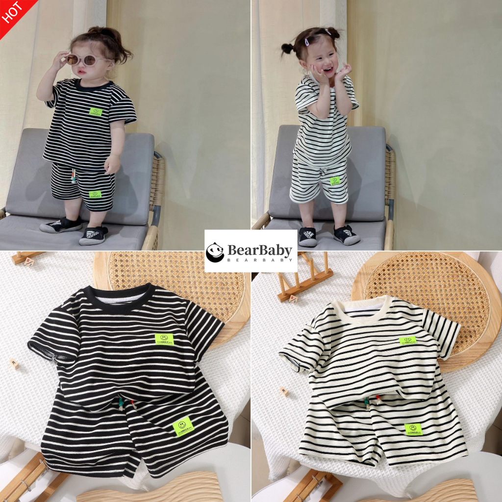 ชุดเสื้อยืดสองชิ้น แขนสั้น กางเกงขาสั้น ลายทาง แฟชั่นฤดูร้อน สําหรับเด็กผู้ชาย และเด็กผู้หญิง ไซส์80-150