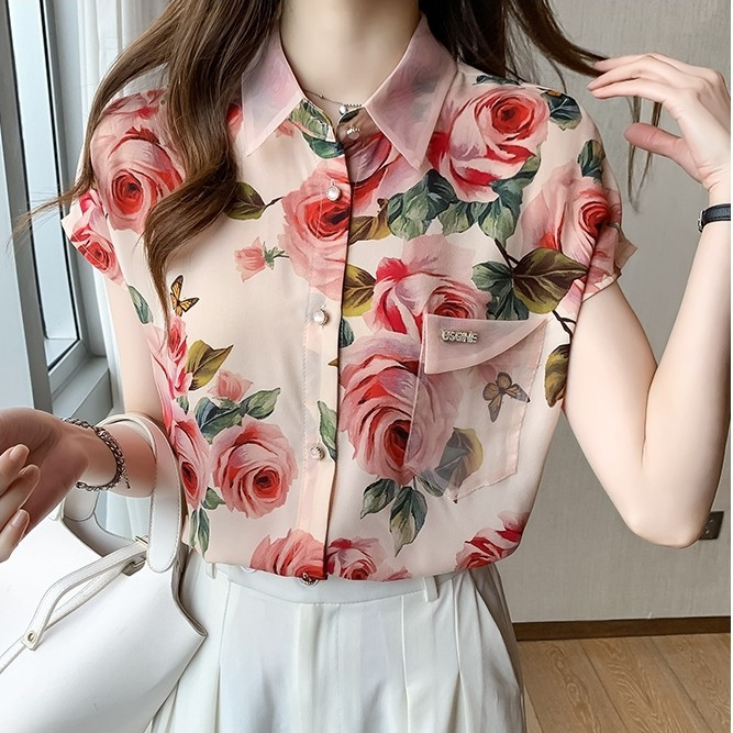🌻Grace🌻  เสื้อชีฟอง เสื้อพิมพ์ลายแขนสั้นผ้าชีฟอง แฟชั่นสไตล์เกาหลีฤดูร้อน  สําหรับผู้หญิงW226 รูปที่ 5